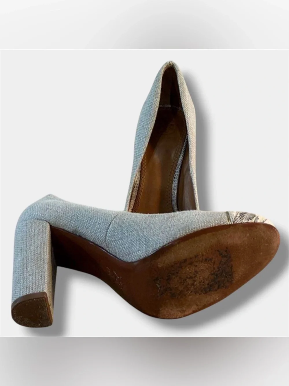 Tory Burch Cap Toe Pumps Linen Fabric Medallion Block Heel Womens Size 7.5M